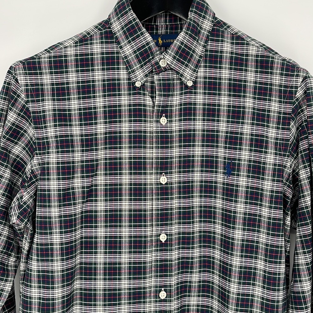 Ralph Lauren Men's Dark Blue & Green Plaid Buttondown Dress Shirt, M EUC